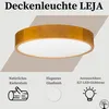 A round wooden ceiling light with a white diffuser, presented with descriptive text and icons. Produktbild-Vorschau