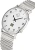 A close-up, angled view of a men's wristwatch with a white face and a silver mesh band, set against a white background. Podgląd zdjęcia produktu
