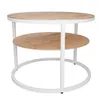 A round coffee table with two wooden shelves and a white metal frame, shown against a white background. Produktbild-Vorschau