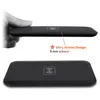 A hand holding a thin, black wireless charger, with a close-up view of the charger below. Produktbild-Vorschau