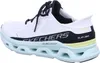 A side view of a white Skechers athletic shoe with a light blue sole. Voir les images du produit