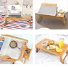 Collage of four images showing a bamboo laptop table in different settings and uses. Produktbild-Vorschau
