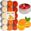 A collage of orange-scented tea lights, whole and sliced oranges, and a lit candle in a tin. Produktbild-Vorschau