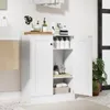 A white bathroom cabinet with its doors open, displaying shelves with bottles and towels. Podgląd zdjęcia produktu