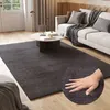 A dark gray rug is shown in a living room setting with a white sofa and a coffee table.