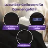 A close-up view of a black duvet with descriptive text overlays highlighting its features. Produktbild-Vorschau