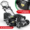 A black and gray gasoline lawnmower is shown from a low-angle front-side view against a white background. There are red promotional text overlays on the bottom left and top right of the image. Produktbild-Vorschau