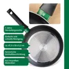 A close-up view of the bottom and handle of a frying pan, with descriptive text boxes pointing to its features. Produktbild-Vorschau