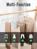 Collage showing multiple clothing hangers with various clothing items like scarves, dresses, pants, and jackets hanging on them. Produktbild-Vorschau