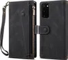 A black leather wallet case for a Samsung Galaxy S20 phone is shown open, revealing the phone slot and card slots, and closed, showing the exterior with a strap and zipper. Produktbild-Vorschau