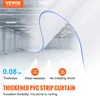 A close-up view of a white PVC strip curtain with a blue edge, superimposed over a blurred image of a warehouse interior. Voir les images du produit