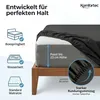 A fitted sheet is shown on a bed, with diagrams illustrating its compatibility with different mattress types and its features. Produktbild-Vorschau