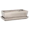 A rectangular planter with a matching saucer, both in a distressed gray concrete-like finish, is presented against a white background. Produktbild-Vorschau
