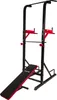 A black and red power tower fitness station with a bench, shown against a white background. Produktbild-Vorschau