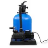 A blue sand filter with a black pump and hoses, isolated on a white background. Produktbild-Vorschau