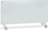A white glass panel electric heater with wheels. Náhľad obrázku produktu