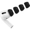A white earbud with multiple black ear tips arranged in a line next to it. Produktbild-Vorschau