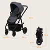 A diagram showing the dimensions of a folded and unfolded stroller, with measurements indicated by lines and numbers. Produktbild-Vorschau