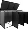 A black, three-door trash bin enclosure with its lids open, shown against a white background. Produktbild-Vorschau
