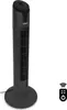 A black tower fan is shown against a white background. A remote control icon is visible in the lower right corner. Produktbild-Vorschau