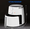 A white air fryer is shown against a dark background, with dimensions and capacity indicated by text overlays. Produktbild-Vorschau