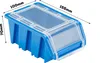 A blue storage bin with a clear lid, shown with dimensions indicated by text. Anteprima dell’immagine prodotto