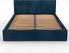 A dark blue upholstered bed frame with a slatted wooden base, shown from the front. Produktbild-Vorschau