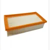 A rectangular air filter with an orange frame and white pleated filter material. Produktbild-Vorschau