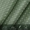 A close-up view of a sage green fabric with a textured dot pattern, with feature icons and text at the bottom. Produktbild-Vorschau