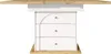 A rectangular dining table with a white cabinet base and a wooden top, shown from the front. Produktbild-Vorschau