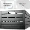 A dark gray plastic storage box with a slatted design, shown from the side. Two inset boxes at the top display text and graphics related to the product's capacity and load-bearing. Produktbild-Vorschau