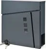 A modern, anthracite-colored mailbox with a newspaper compartment and three small square windows, shown with two keys in the foreground. Produktbild-Vorschau