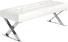 A white tufted bench with chrome X-shaped legs, shown from a side-diagonal angle against a white background. Náhled obrázku produktu