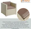 A polyrattan lounge chair with cushions, shown from the front and with a close-up detail of the cushion and weave. Produktbild-Vorschau