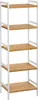 A tall, narrow shelving unit with five wooden slatted shelves and white metal frame, shown against a white background. Produktbild-Vorschau