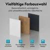 Three sample panels of different colors and textures, with feature icons and text below. Produktbild-Vorschau