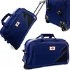 A collage of three images showing a blue rolling duffel bag from different angles. Produktbild-Vorschau