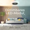A living room scene with a sofa, plant, and a ceiling fan with light. Produktbild-Vorschau