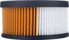 A close-up side view of a pleated air filter with orange and white filtering material, enclosed in a black frame. Voir les images du produit
