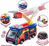 A toy fire truck with various features highlighted by callouts and diagrams. Produktbild-Vorschau