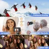 Collage of images showcasing camera features like continuous shooting, self-timer, and flip selfie screen, with people using the camera in various settings. Produktbild-Vorschau