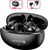 A pair of black wireless earbuds in an open charging case, with marketing text and icons above. Anteprima dell’immagine prodotto
