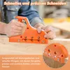 A person is using an orange hand planer tool on a piece of wood. A close-up inset shows the cutting blades. Produktbild-Vorschau
