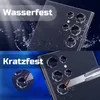 A split image showing a smartphone camera lens protector. The top half demonstrates water resistance, and the bottom half demonstrates scratch resistance. Produktbild-Vorschau