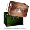 A beer crate with a decorative wooden box being placed on top of it. Produktbild-Vorschau