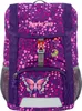 A purple backpack with a floral pattern and a butterfly graphic. Voir les images du produit