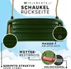 A close-up of a green swing seat with text overlays highlighting its features, and smaller inset images showing a red swing and a textured surface. Produktbild-Vorschau