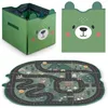 A collage of a green toy storage bin with a bear face and a green play mat with a road and landscape design. Náhled obrázku produktu