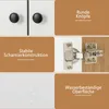 A collage of close-up images highlighting features of a cabinet, including its knobs, hinges, and water-resistant surface. Produktbild-Vorschau