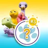 A collection of small, colorful toy animal figures against a gradient yellow and blue background, with a circular graphic overlay featuring a paw print and a question mark. Anteprima dell’immagine prodotto